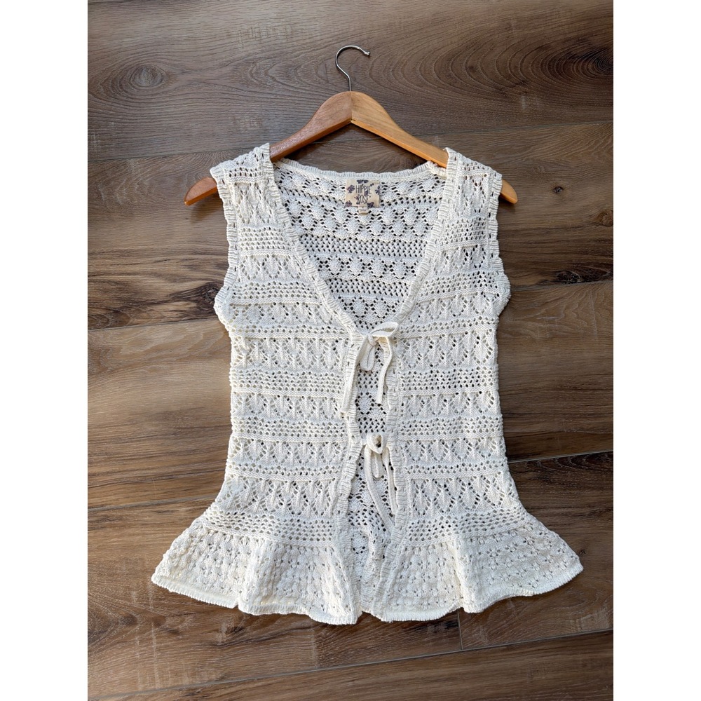 Open Knit Crochet Pointelle Tie Front Cream Vest Womens S Cottage Boho Concert